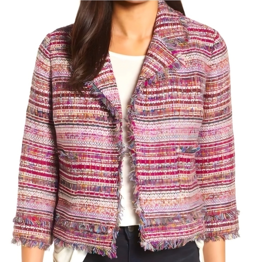 Halogen Tweed Pink Multicolored Fringe Open Jacket, XL